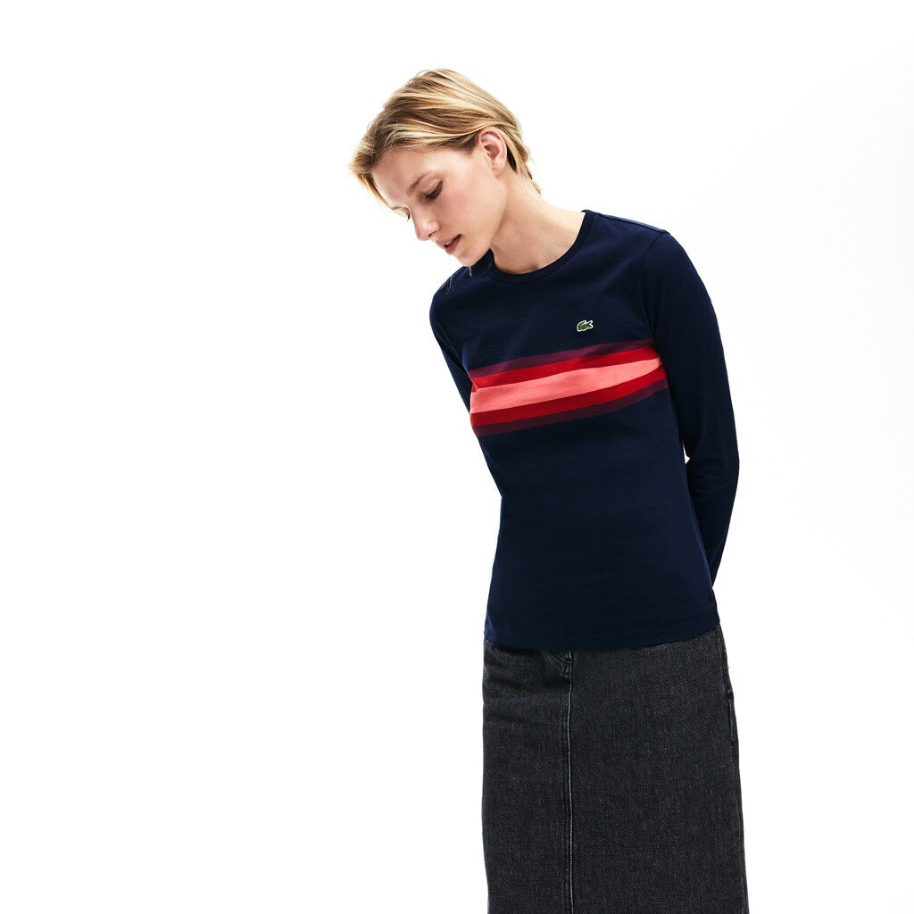 Womens Wo  Long Sleeve Multicolor Stripe T-Shirt | Lacoste Navy Blue / Bordeaux / Pink • 0Ve