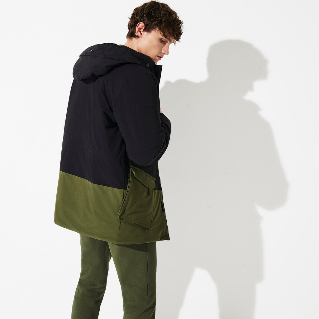 Mens   SPORT Dual-Tone Canvas Rain Parka | Lacoste Black / Khaki Green • 50P