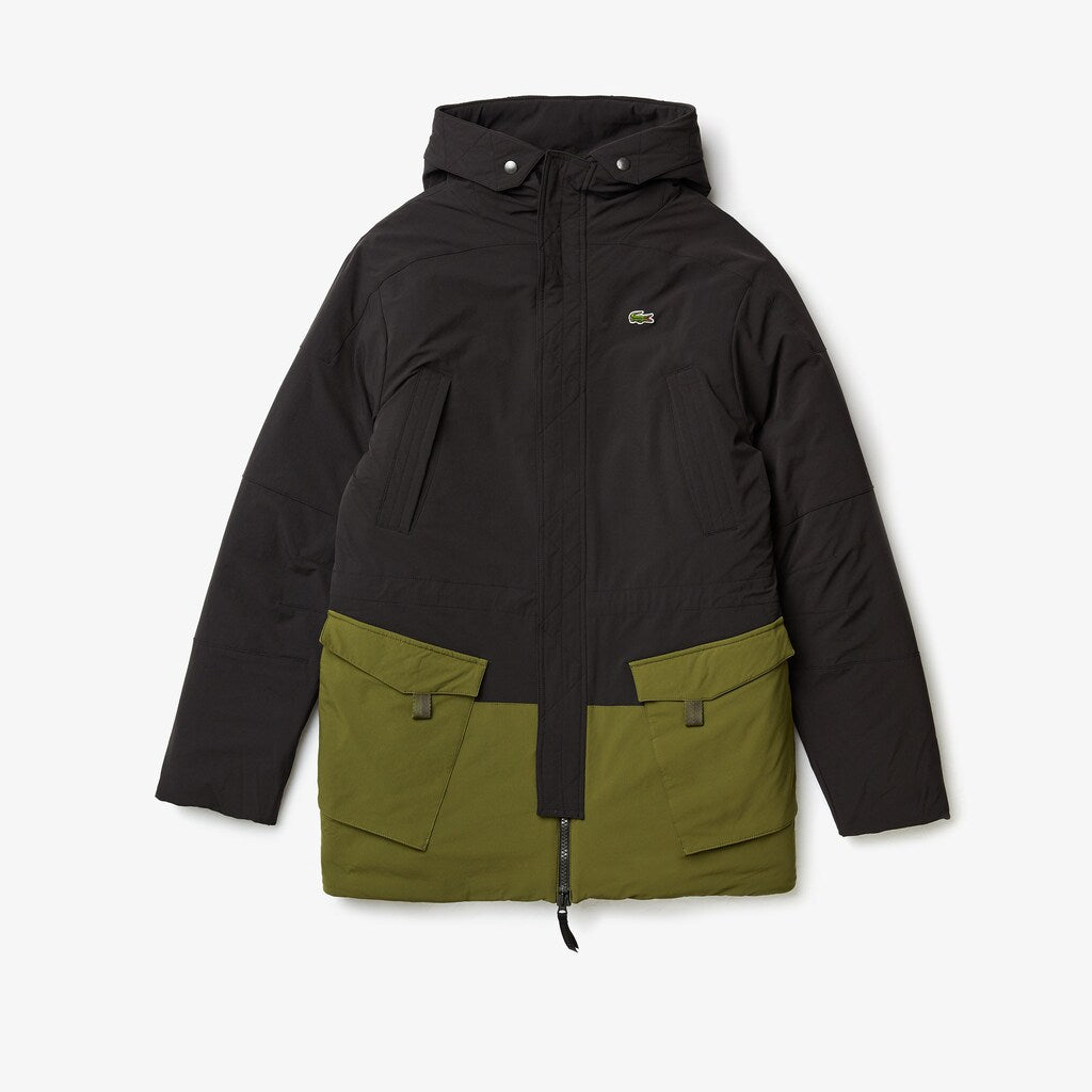 Mens   SPORT Dual-Tone Canvas Rain Parka | Lacoste Black / Khaki Green • 50P