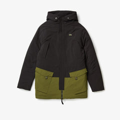 Mens   SPORT Dual-Tone Canvas Rain Parka | Lacoste Black / Khaki Green • 50P