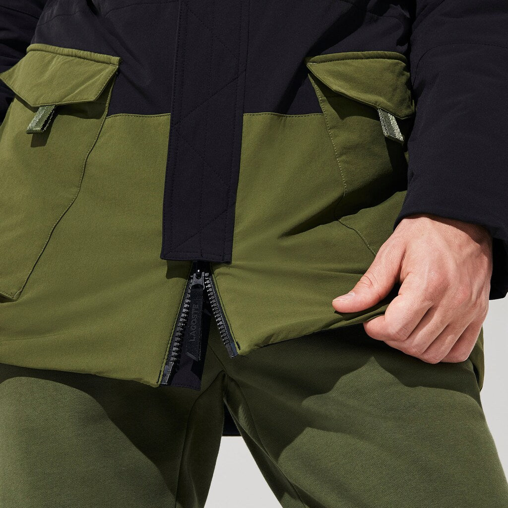 Mens   SPORT Dual-Tone Canvas Rain Parka | Lacoste Black / Khaki Green • 50P