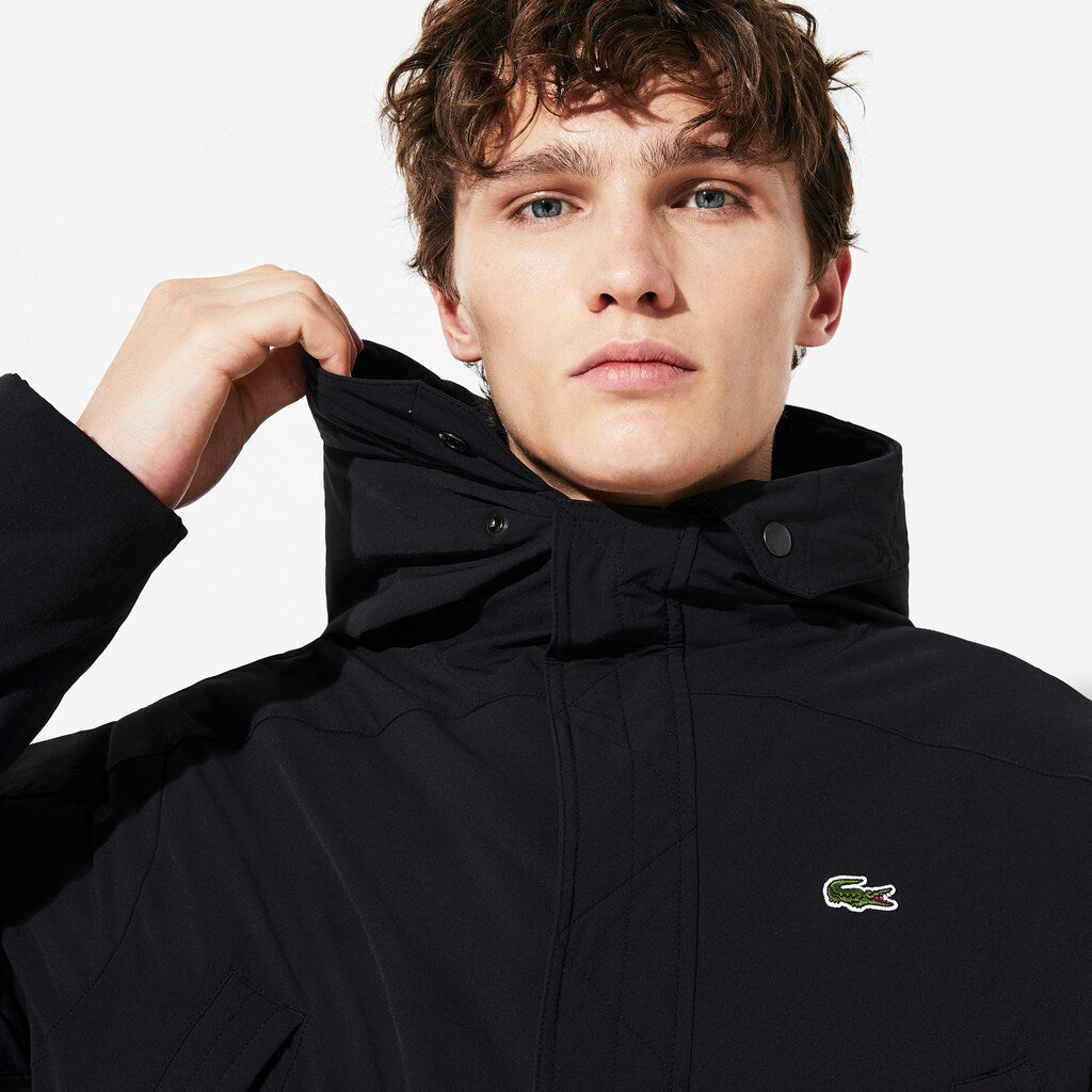 Mens   SPORT Dual-Tone Canvas Rain Parka | Lacoste Black / Khaki Green • 50P