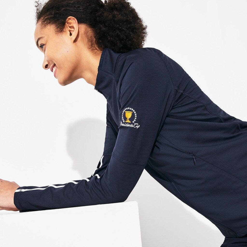 Womens Wo  Presidents Cup Breathable Stretch Zip Golf Sweatshirt | Lacoste Navy Blue / White • 525