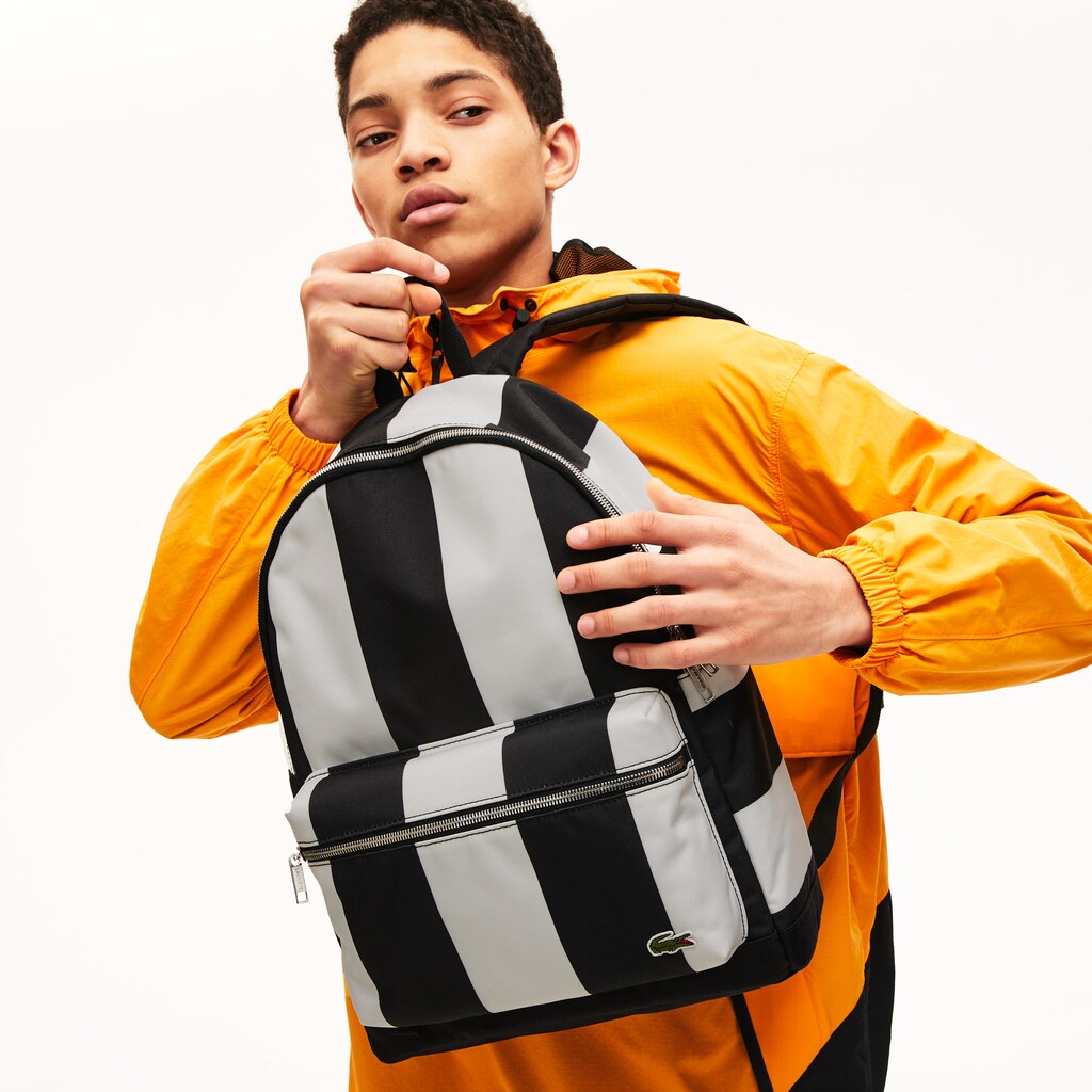 Mens   Lacoste LIVE Detachable Pouch Striped Backpack | Lacoste Noir Blanc • 279