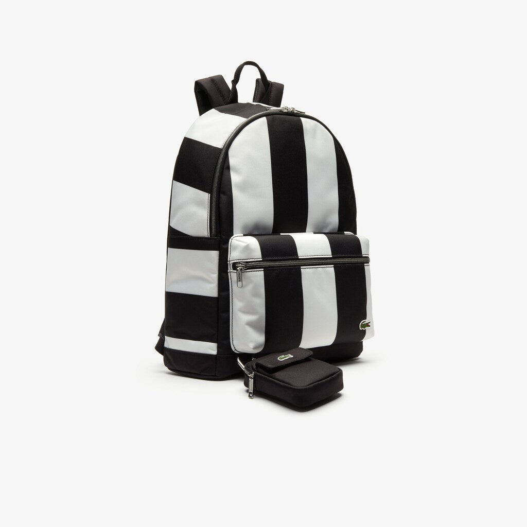 Mens   Lacoste LIVE Detachable Pouch Striped Backpack | Lacoste Noir Blanc • 279