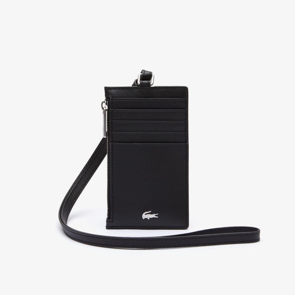 Mens   Fitzgerald Leather Neck Strap Zippered Card Holder | Lacoste Black • 000