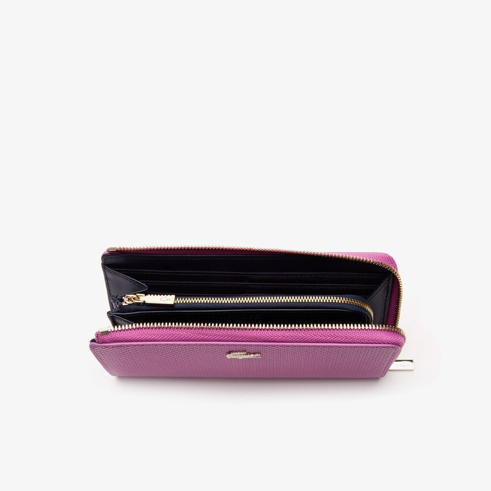 Womens Wo  Chantaco Piqué Leather 8-Card Zip Wallet | Lacoste Meadow Mauve Peacoat • E35