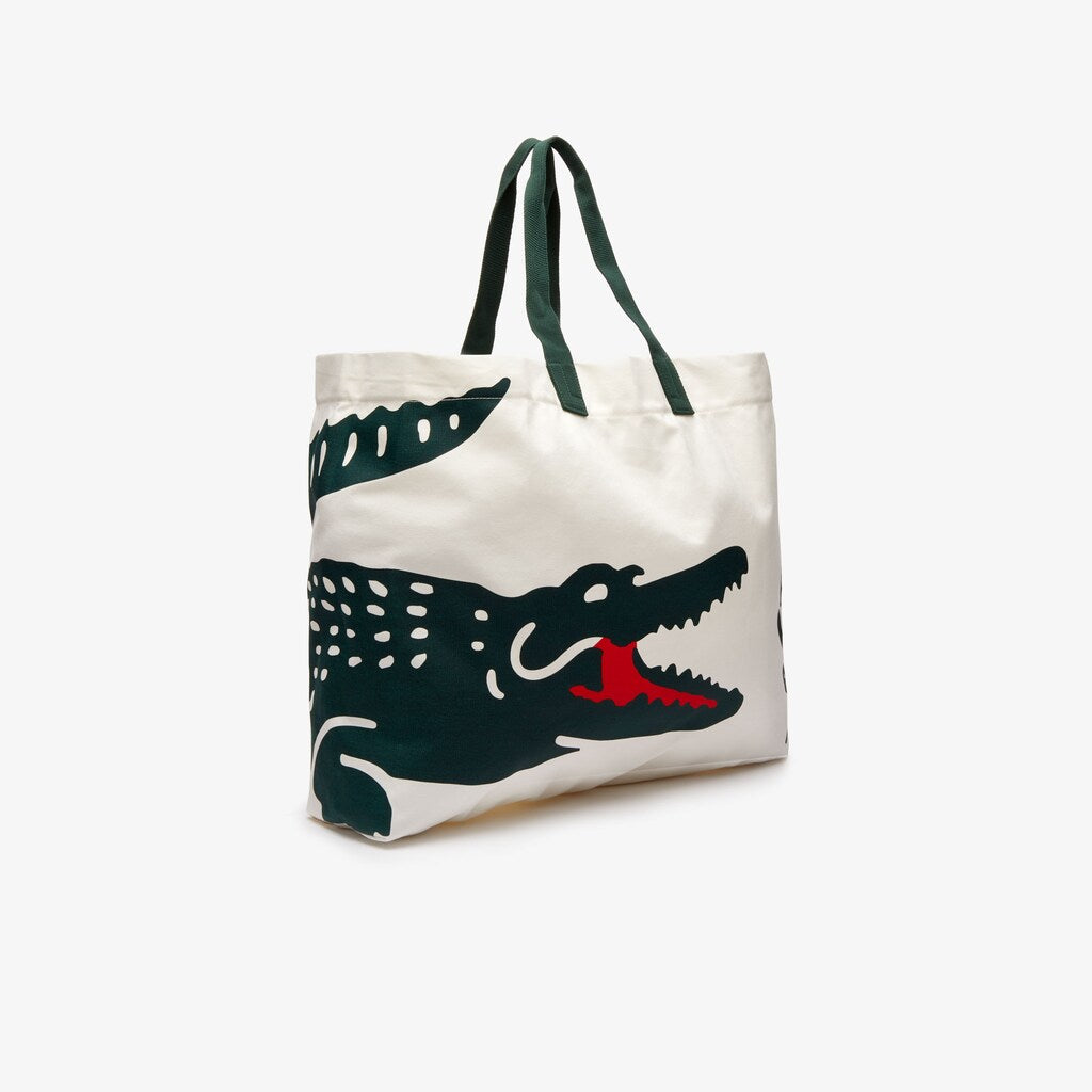 Womens Wo  Oversized Crocodile Print Cotton Large Tote | Lacoste Beach White • D81