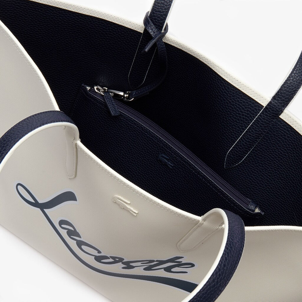 Womens Wo  Anna Removable Pouch Signature Reversible Tote | Lacoste Typo Marshmallow Dark Sap • E38