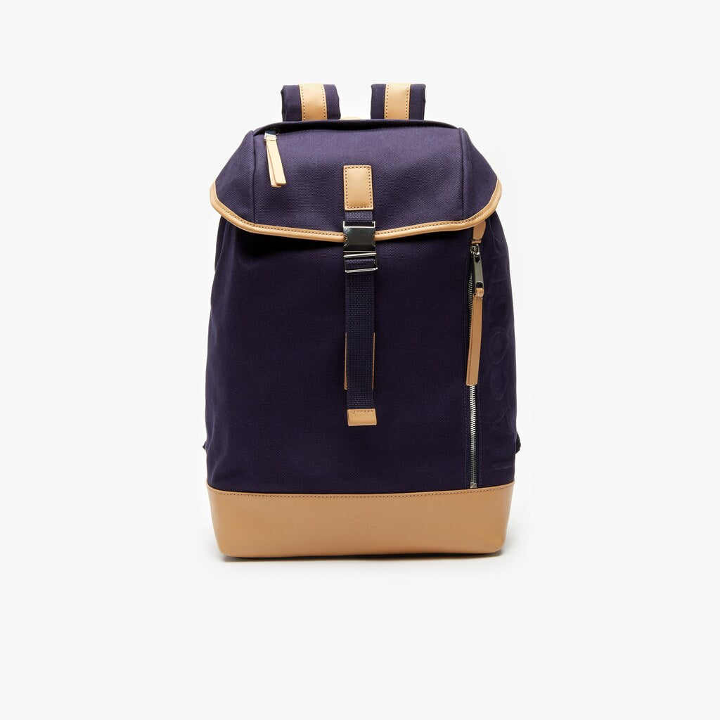 Mens   Leather Finishes Cotton Flap Backpack | Lacoste Peacoat Tan • E75