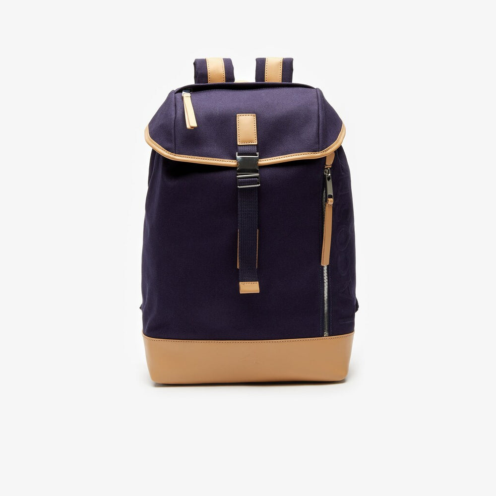 Mens   Leather Finishes Cotton Flap Backpack | Lacoste Peacoat Tan • E75