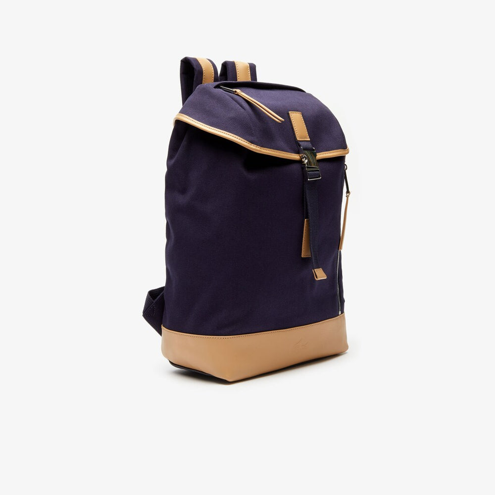 Mens   Leather Finishes Cotton Flap Backpack | Lacoste Peacoat Tan • E75