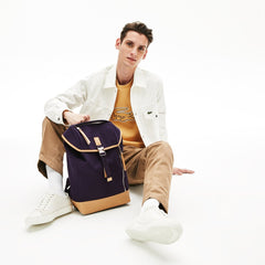 Mens   Leather Finishes Cotton Flap Backpack | Lacoste Peacoat Tan • E75