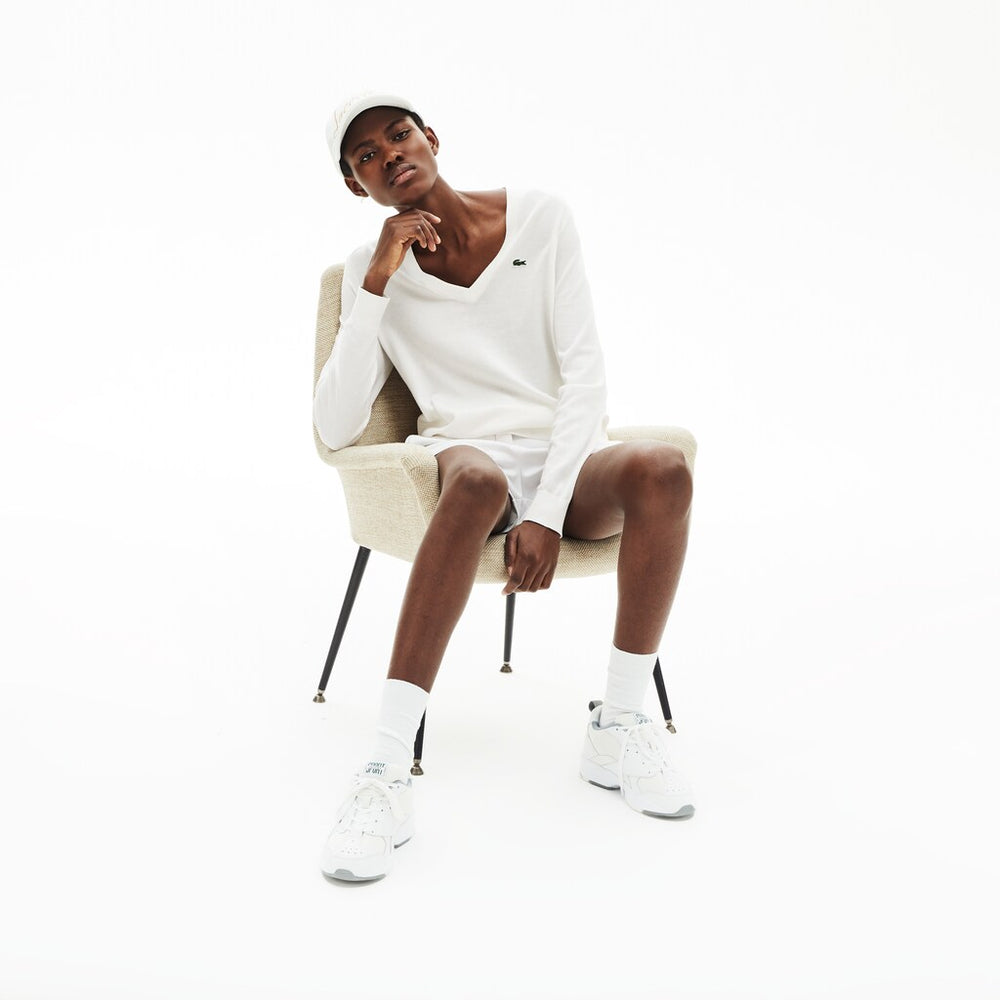 Womens Wo  Solid Cotton V-Neck Sweater | Lacoste White • 70V