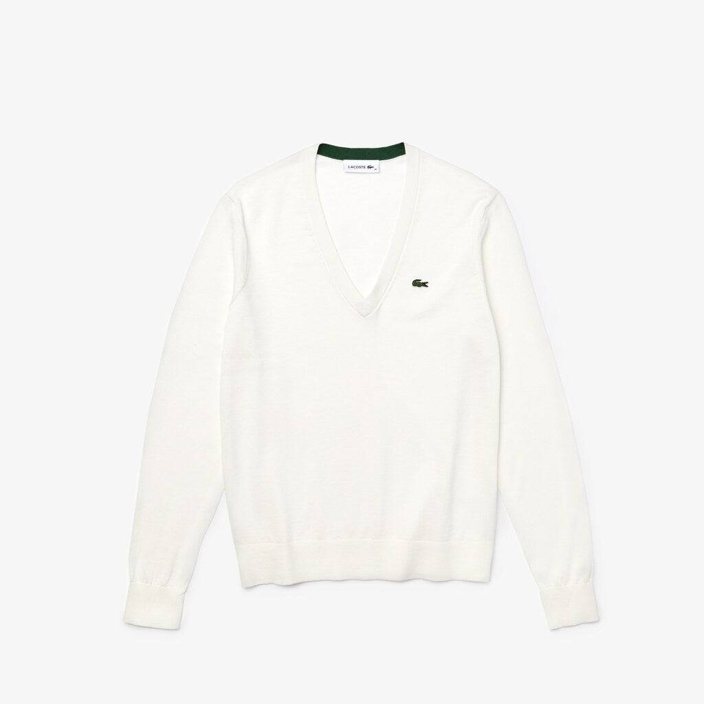 Womens Wo  Solid Cotton V-Neck Sweater | Lacoste White • 70V