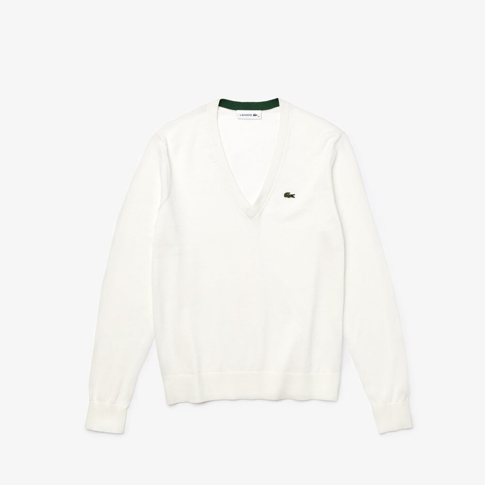 Womens Wo  Solid Cotton V-Neck Sweater | Lacoste White • 70V