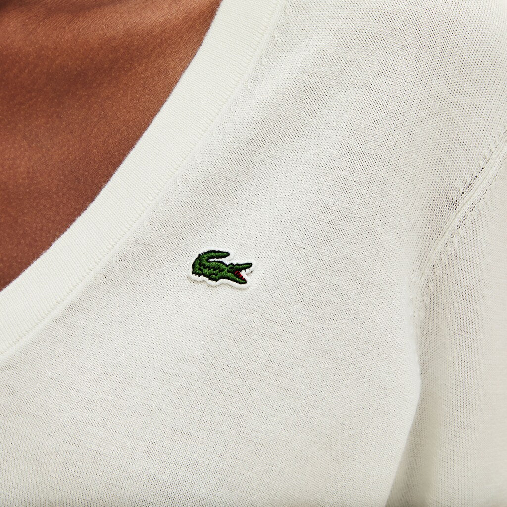 Womens Wo  Solid Cotton V-Neck Sweater | Lacoste White • 70V