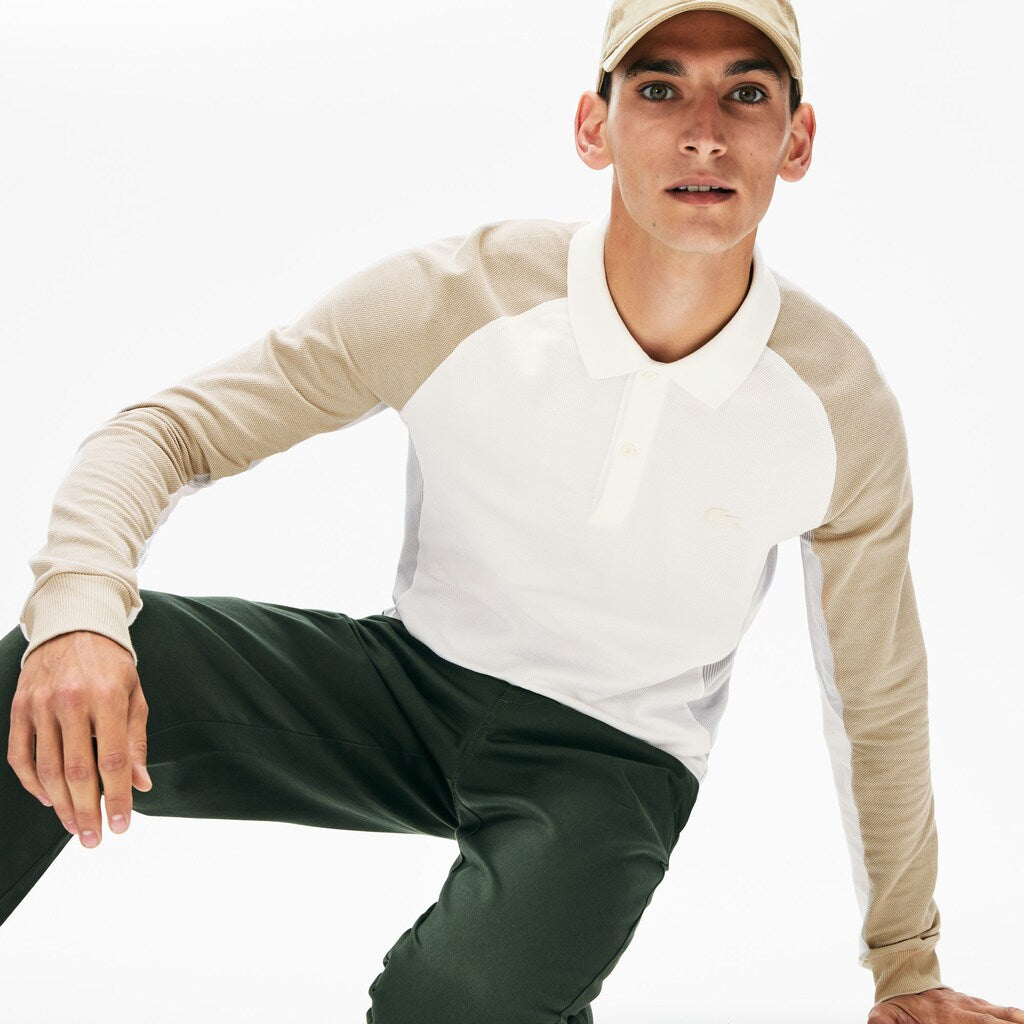 Mens   Long-Sleeved Colorblock Piqué Polo Shirt | Lacoste White / Grey / Beige • Try