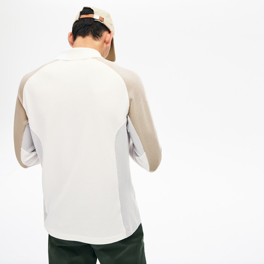 Mens   Long-Sleeved Colorblock Piqué Polo Shirt | Lacoste White / Grey / Beige • Try