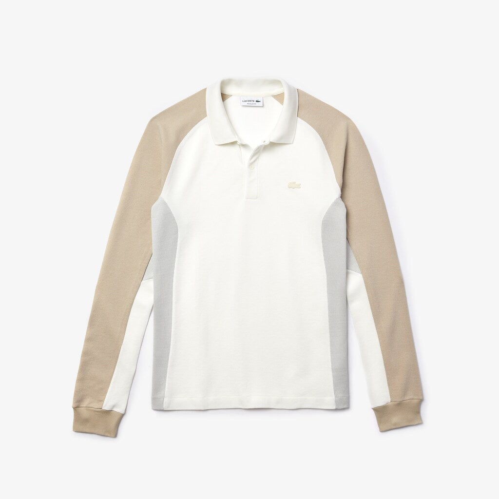 Mens   Long-Sleeved Colorblock Piqué Polo Shirt | Lacoste White / Grey / Beige • Try