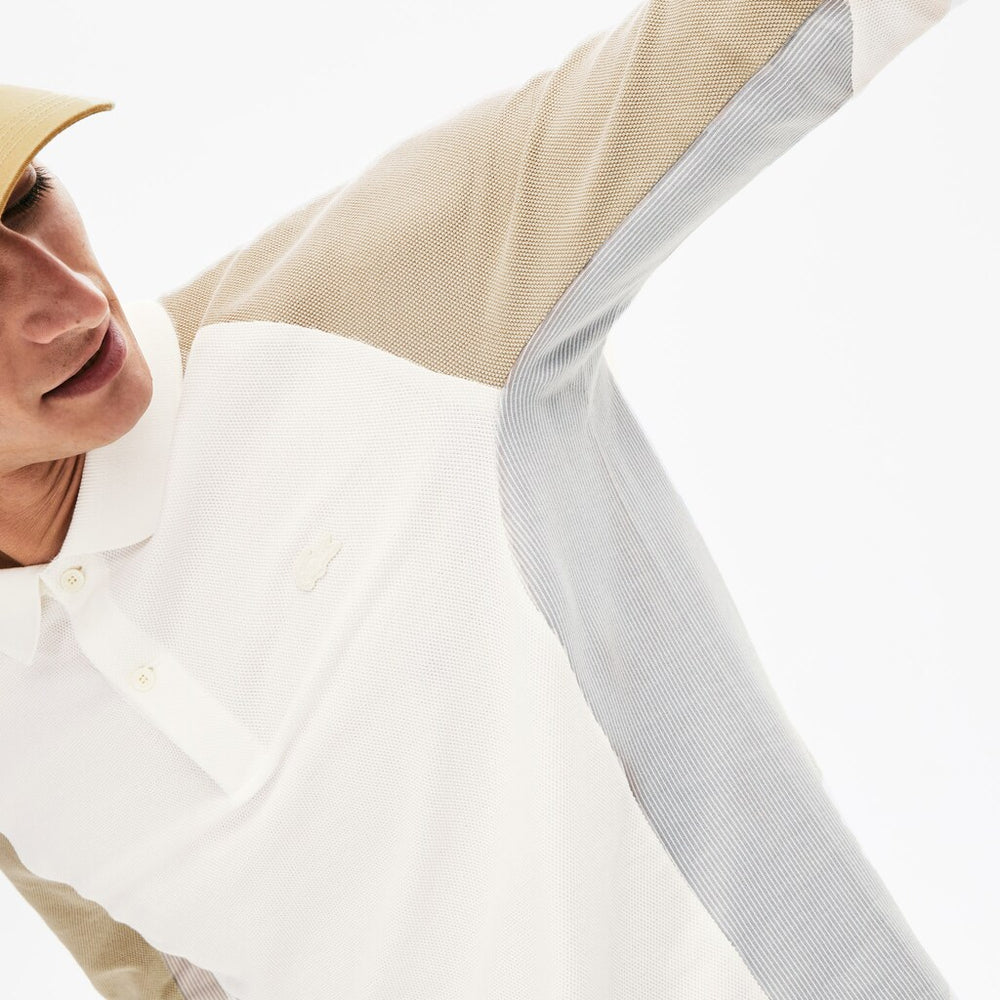 Mens   Long-Sleeved Colorblock Piqué Polo Shirt | Lacoste White / Grey / Beige • Try