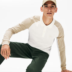 Mens   Long-Sleeved Colorblock Piqué Polo Shirt | Lacoste White / Grey / Beige • Try