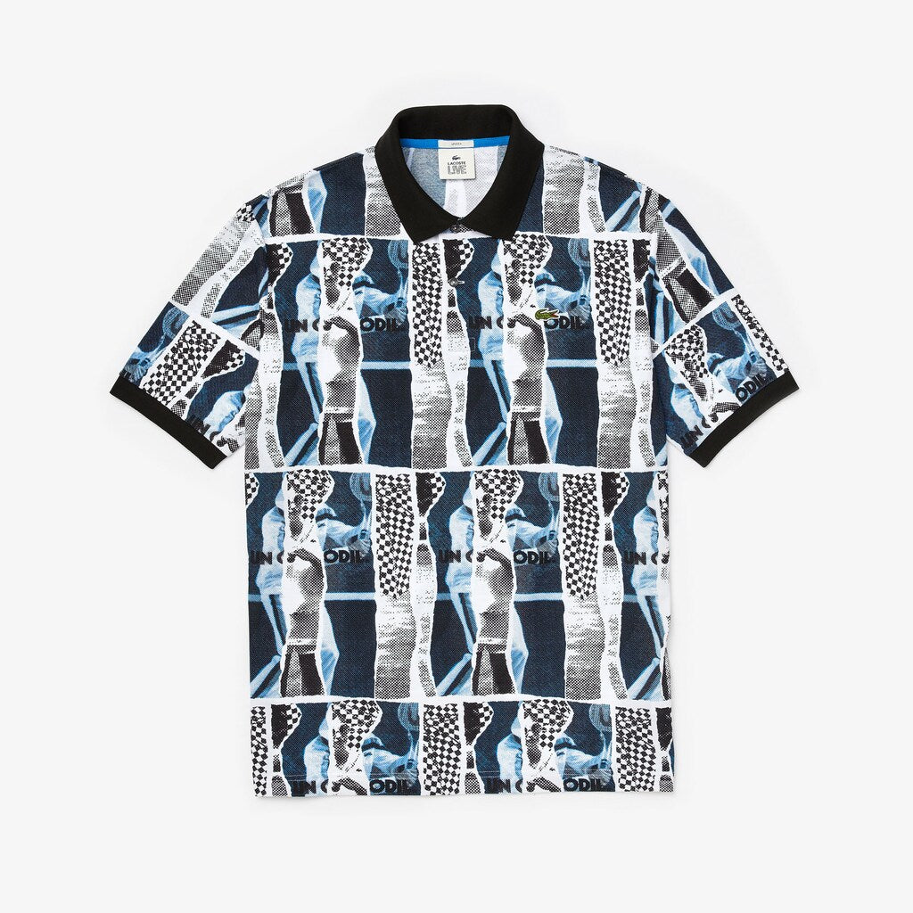 Mens Unisex LIVE Loose Fit Graphic Print Cotton Polo Shirt | Lacoste White / Blue / White • M3L