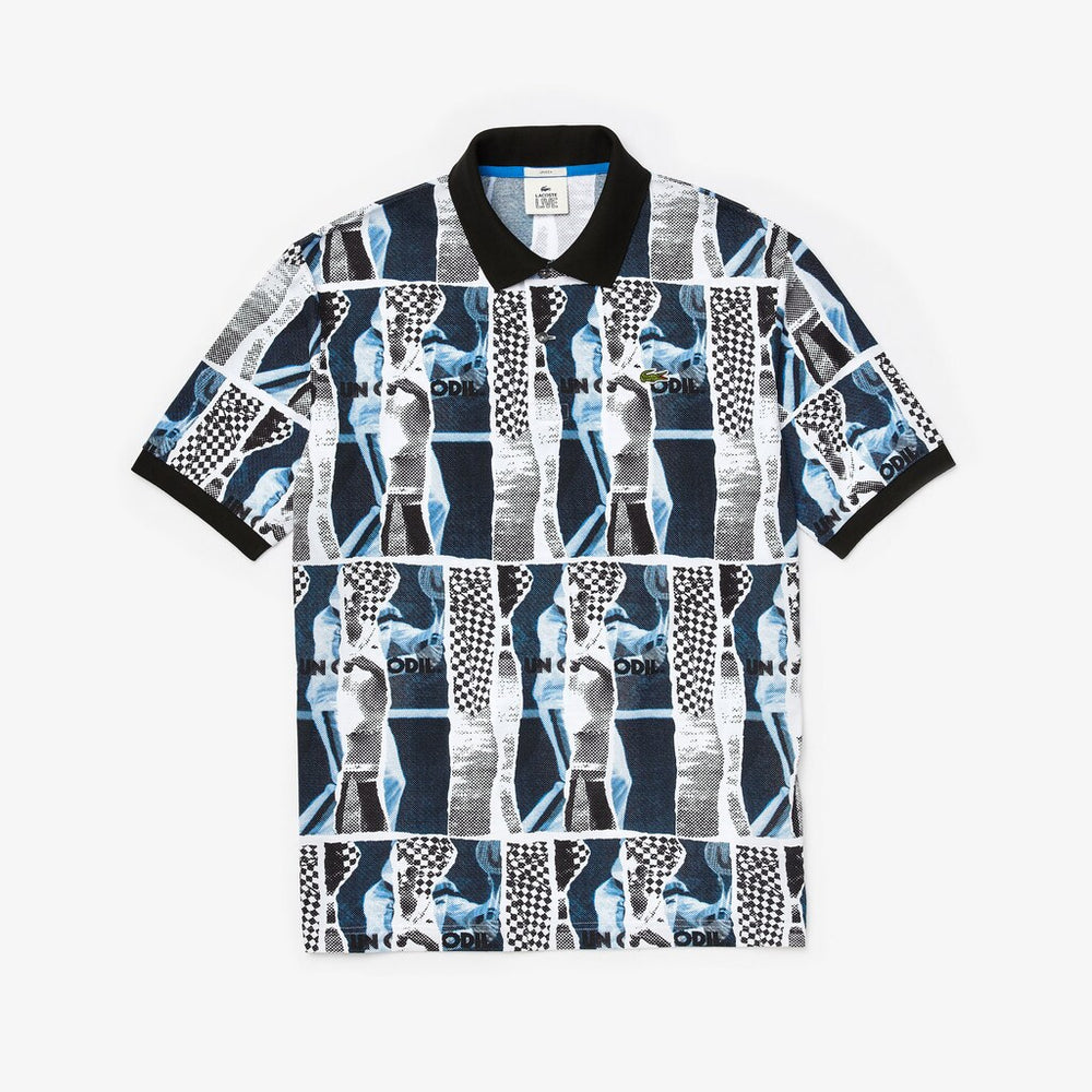 Mens Unisex LIVE Loose Fit Graphic Print Cotton Polo Shirt | Lacoste White / Blue / White • M3L