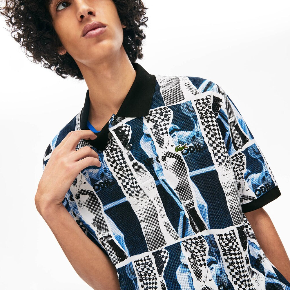 Mens Unisex LIVE Loose Fit Graphic Print Cotton Polo Shirt | Lacoste White / Blue / White • M3L