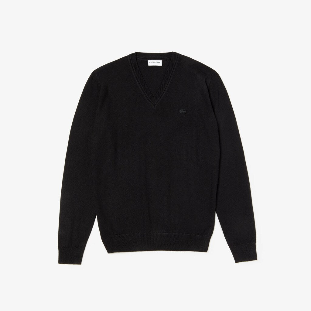 Mens   V-neck Wool Jersey Sweater | Lacoste Black • 031