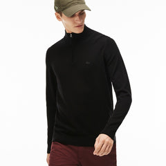 Mens   Zippered Stand-Up Collar Wool Jersey Sweater | Lacoste Black • 031